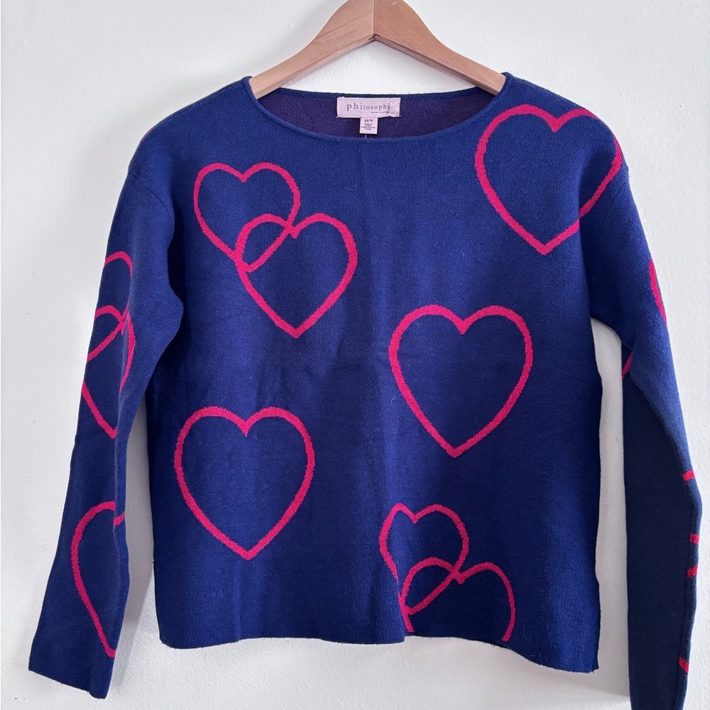 Philosophy‎ Navy Sweater with Red Heart Accents NWT